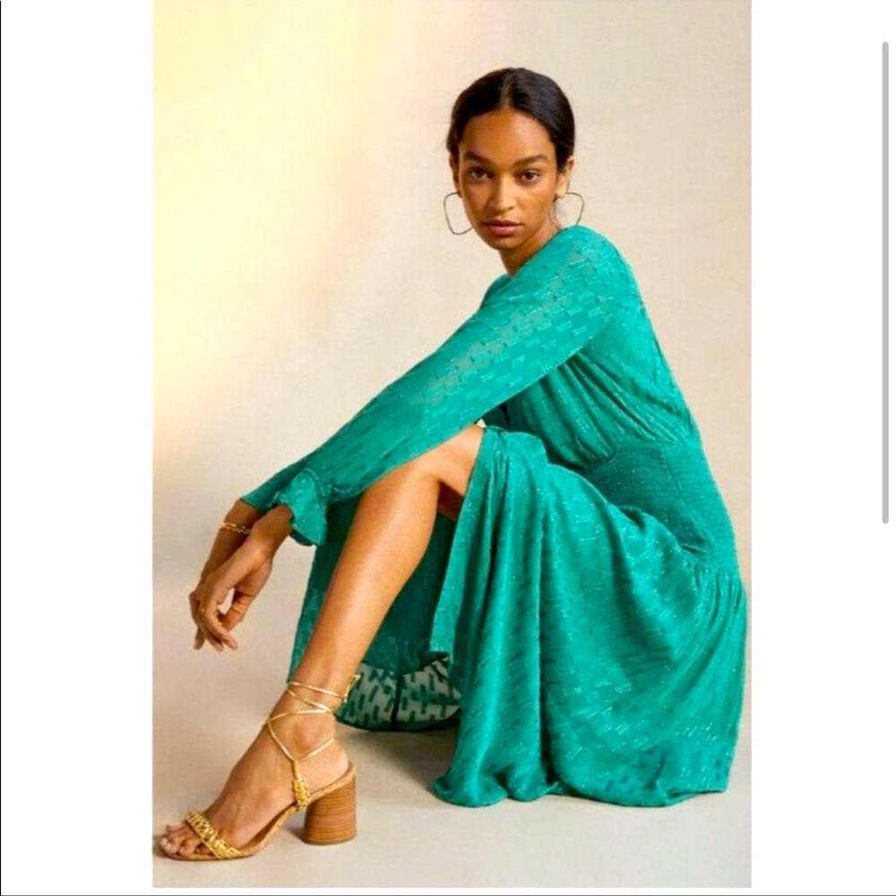 NEW Anthropologie Smocked Maxi Dress Green Metallic Gold Medium - fits 6-8